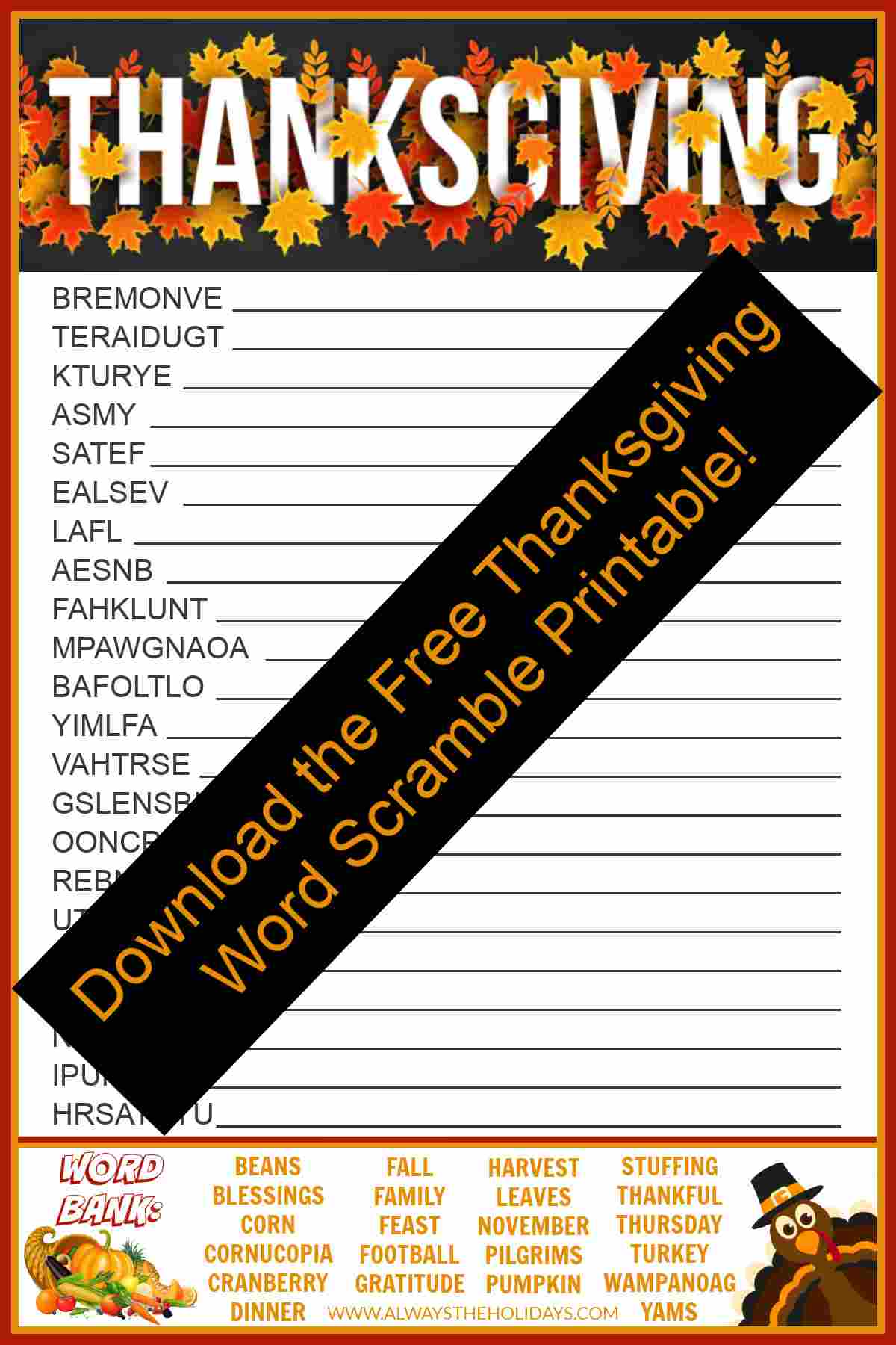 get a free printable thanksgiving word scramble with answers